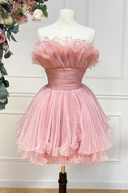 Cute Strapless Ball Gown Ruffles Pink Mini Homecoming Dress C562