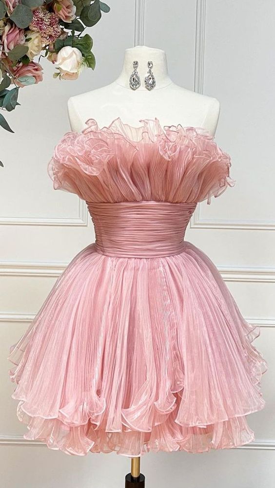 Cute Strapless Ball Gown Ruffles Pink Mini Homecoming Dress C562