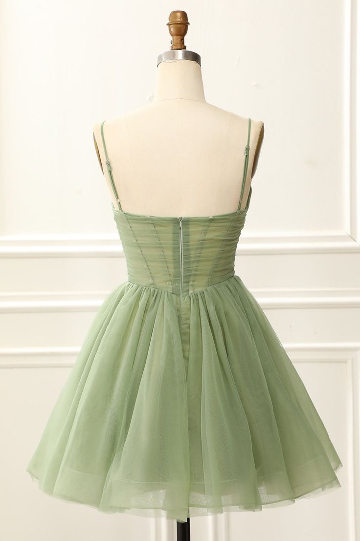 Chic Straps Pleated A-line Sage Green Homecoming Dress C565