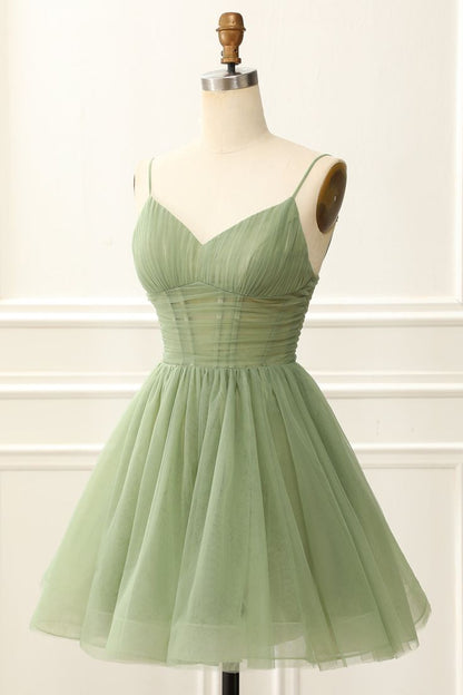 Chic Straps Pleated A-line Sage Green Homecoming Dress C565