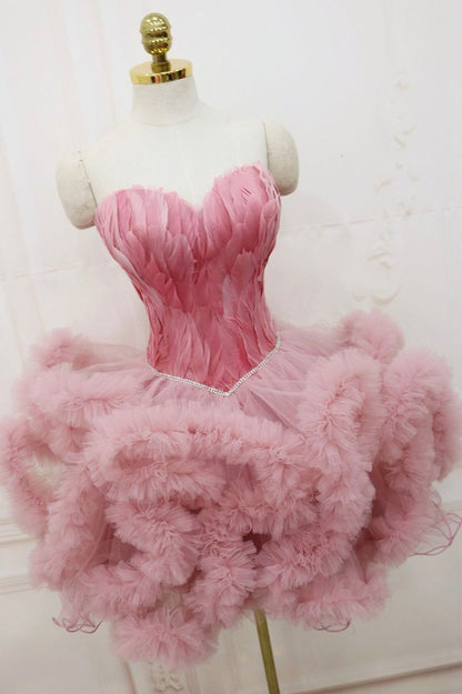 Short Pink Feather Sweetheart Puffy Tulle Cocktail Party Dress Birthday Dress Homecoming Dresses C568