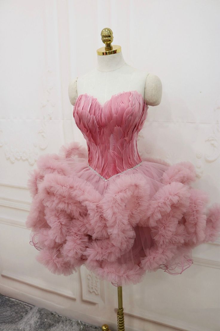 Short Pink Feather Sweetheart Puffy Tulle Cocktail Party Dress Birthday Dress Homecoming Dresses C568