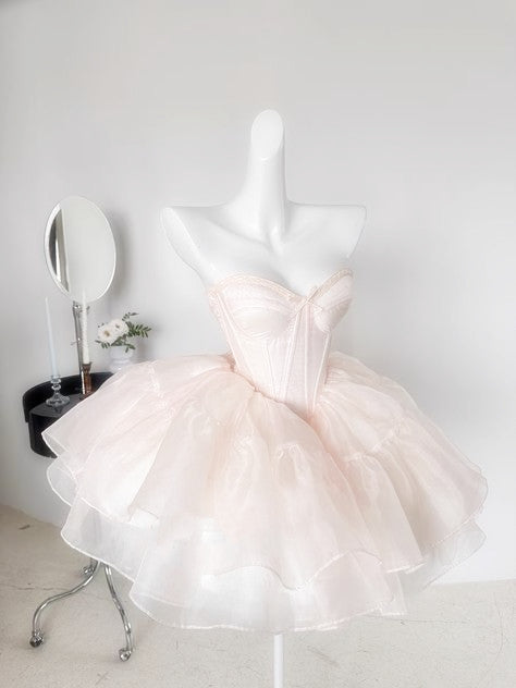 Vintage Ball Gown Strapless Light Pink Homecoming Dress 18th Birthday Outfits C594