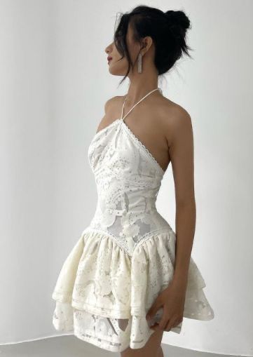 Chic Ball Gown Halter Short White Lace Homecoming Dress 18th Birthday Outfits C625