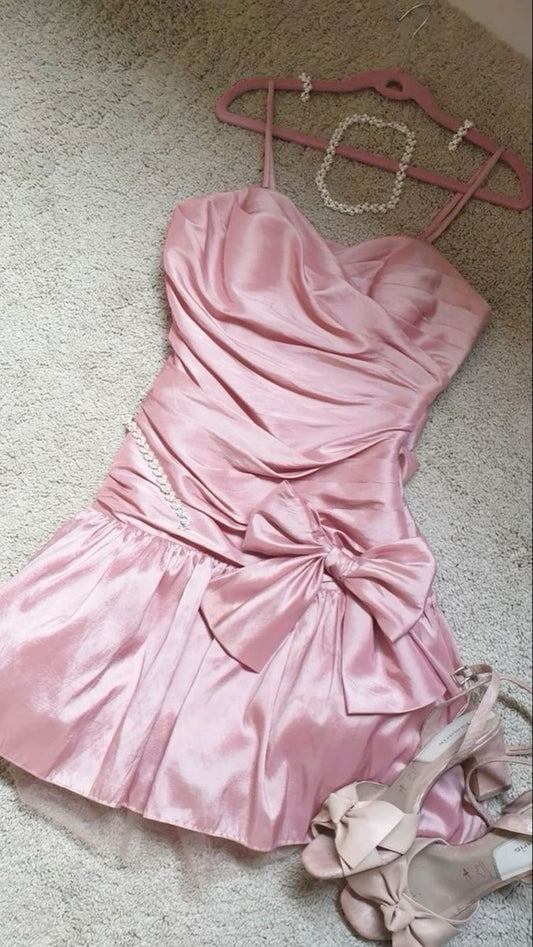 Chic Sheath Satin Straps Short Pink Homecoming Dress 18th Birthday Outfits C636