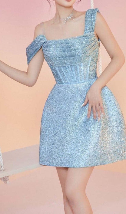 Chic A Line Short Blue Sequin Homecoming Dress 18th Birthday Outfits C643