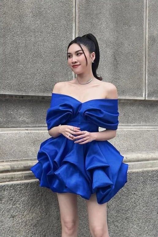 Elegant Royal Blue Bubble Off Shoulder Cheap Short Homecoming Dresses Birthday Outfits C693