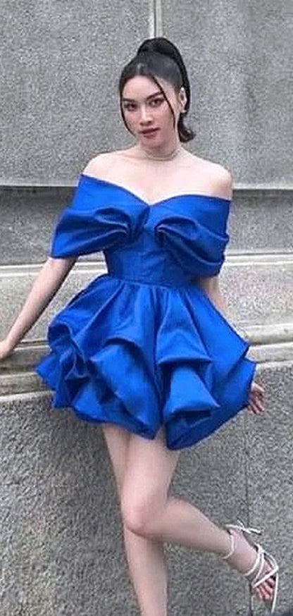 Elegant Royal Blue Bubble Off Shoulder Cheap Short Homecoming Dresses Birthday Outfits C693