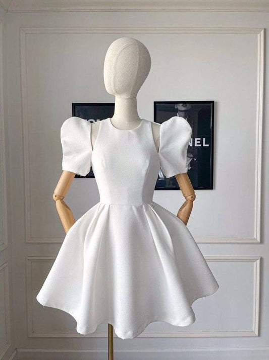 Elegant A Line Scoop Neckline Short Sleeves White Homecoming Dress Birthday Outfits C704