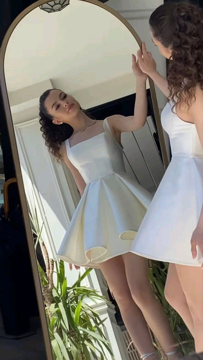 Sexy A Line Straps Ivory Satin Short Homecoming Dress Birthday Outfits C722