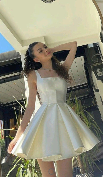 Sexy A Line Straps Ivory Satin Short Homecoming Dress Birthday Outfits C722