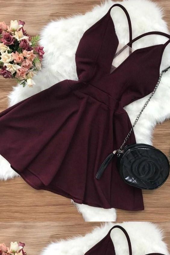 simple burgundy sleeveless v-neck fashion dress homecoming dresses C724