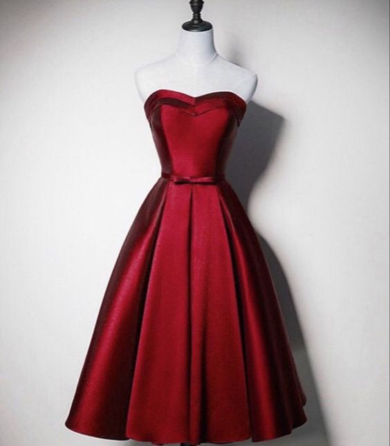 A Line Strapless Burgundy Satin Tea Length Prom Dresses Homecoming Dress C725