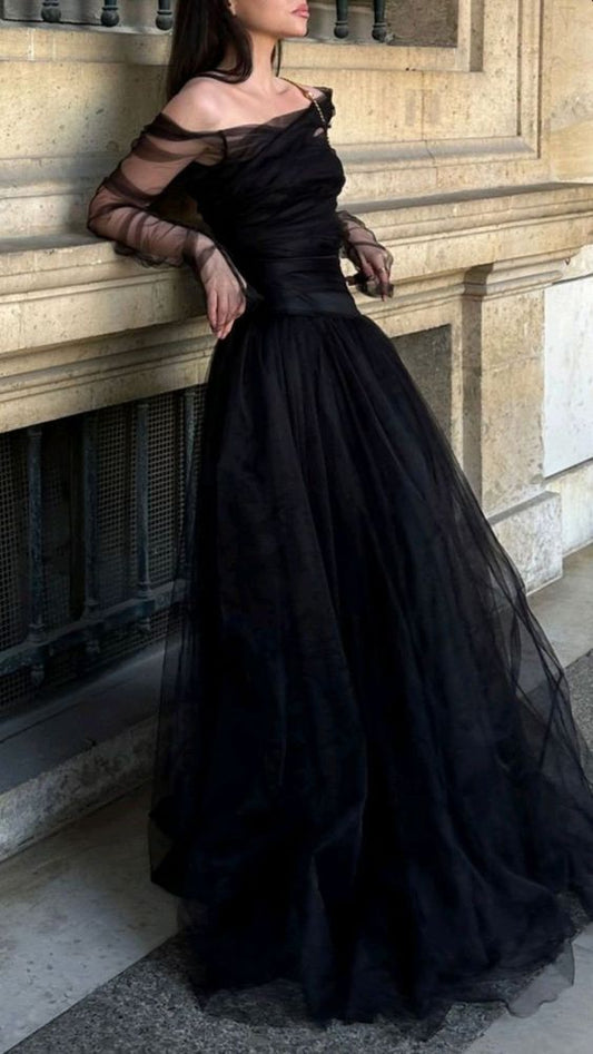 Vintage A Line Off The Shoulder Tulle Black Long Prom Dress C780