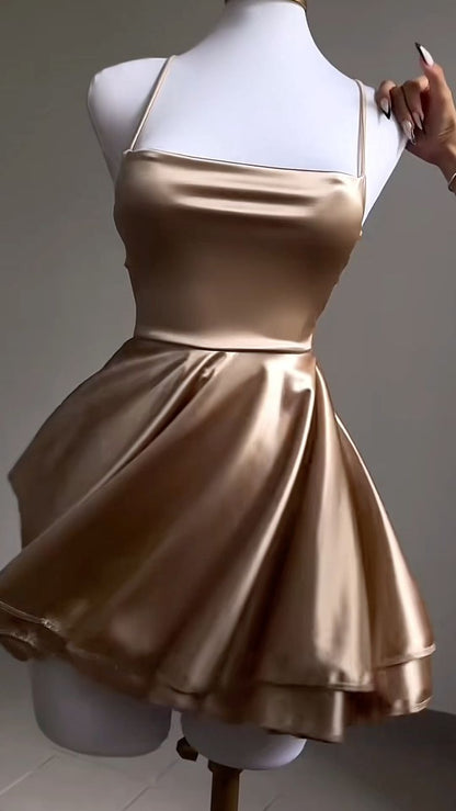 Vintage A line Straps Gold Backless Birthday Outfits Satin Homecoming Dress C928