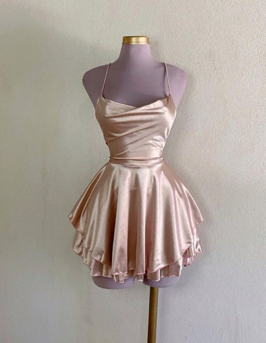 Vintage A line Halter Champagne Birthday Outfits Satin Homecoming Dress C929