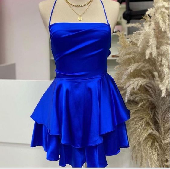 Vintage A line Halter Royal Blue Birthday Outfits Satin Homecoming Dress C930