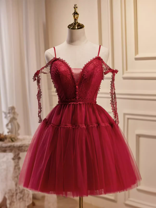 Vintage A line Straps Burgundy Birthday Outfits Tulle Homecoming Dress C938