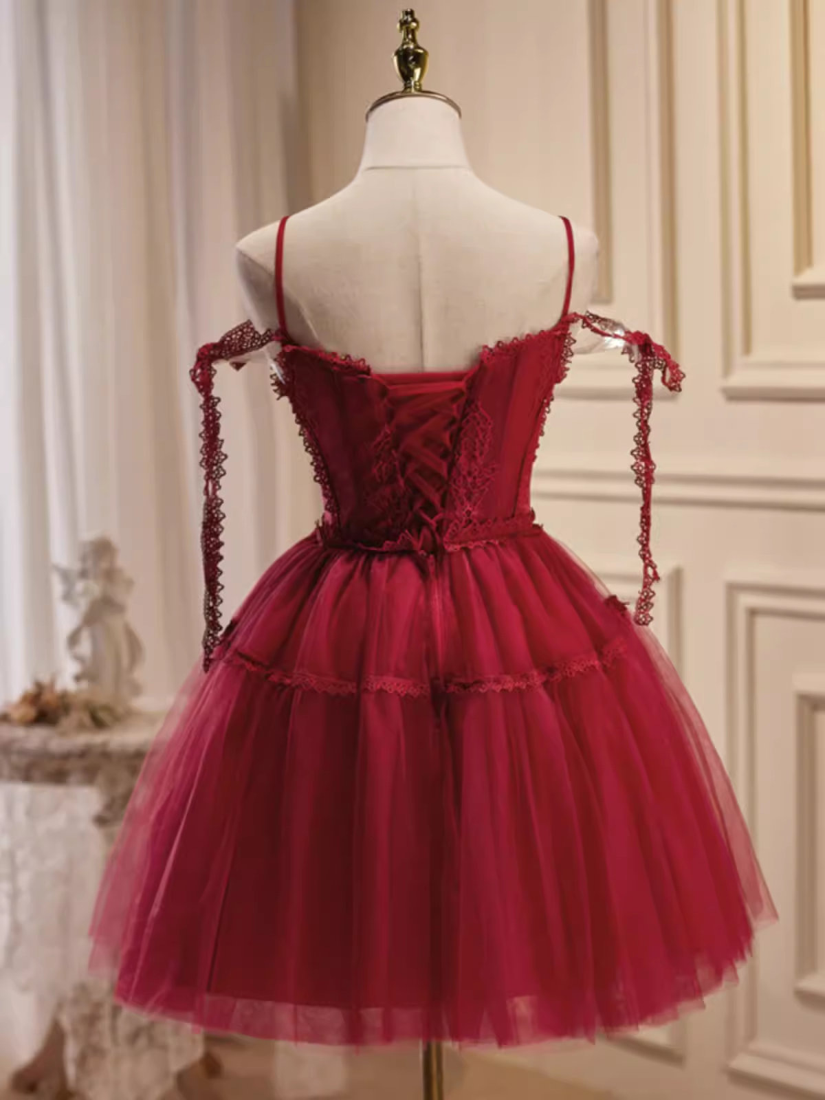 Vintage A line Straps Burgundy Birthday Outfits Tulle Homecoming Dress C938