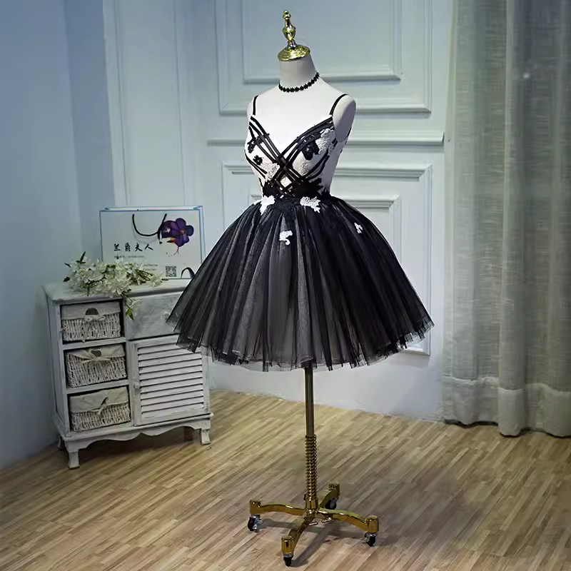 Vintage A line Straps Black Birthday Outfits Tulle Homecoming Dress C939