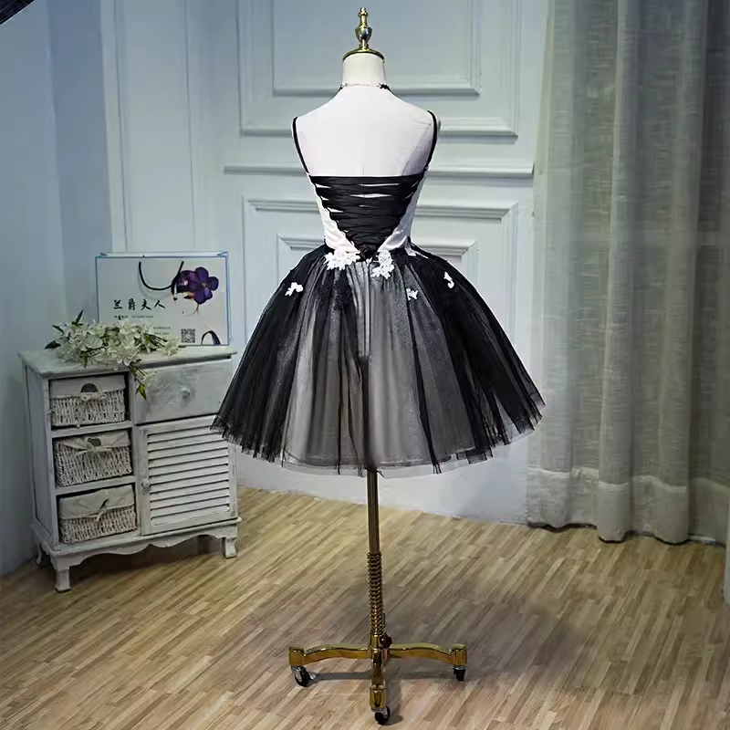 Vintage A line Straps Black Birthday Outfits Tulle Homecoming Dress C939