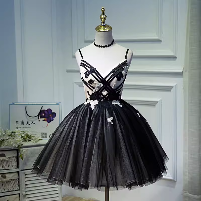 Vintage A line Straps Black Birthday Outfits Tulle Homecoming Dress C939