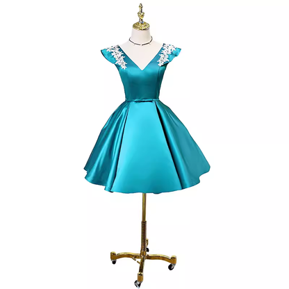 Modest A line V Neckline Blue Satin Birthday Outfits Homecoming Dress C940