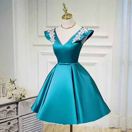 Modest A line V Neckline Blue Satin Birthday Outfits Homecoming Dress C940