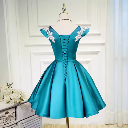 Modest A line V Neckline Blue Satin Birthday Outfits Homecoming Dress C940