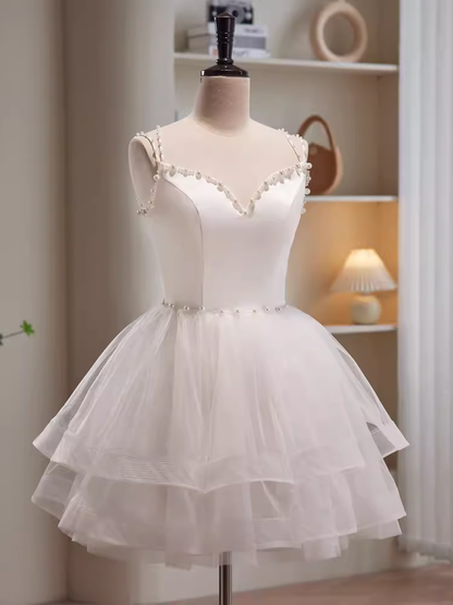 Modest Ball Gown Straps White Tulle Birthday Outfits Homecoming Dress C941