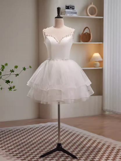 Modest Ball Gown Straps White Tulle Birthday Outfits Homecoming Dress C941