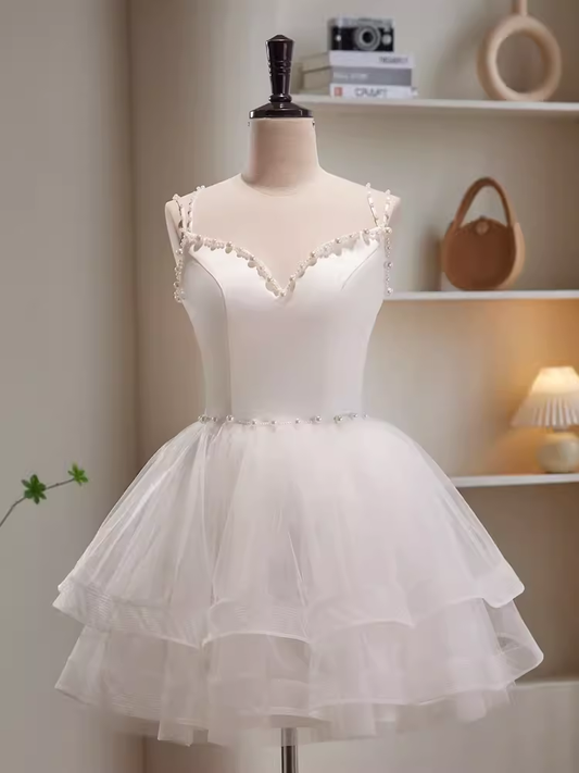 Modest Ball Gown Straps White Tulle Birthday Outfits Homecoming Dress C941