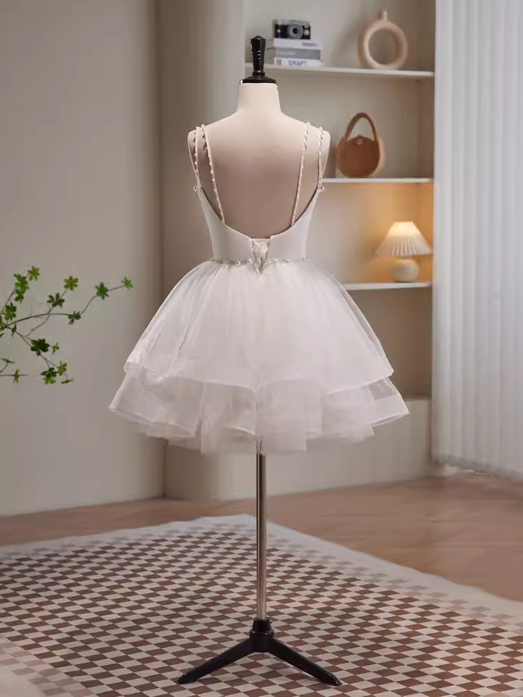 Modest Ball Gown Straps White Tulle Birthday Outfits Homecoming Dress C941