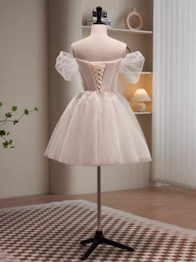 Modest Ball Gown Off The Shoulder White Tulle Birthday Outfits Homecoming Dress C942