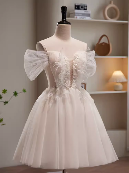 Modest Ball Gown Off The Shoulder White Tulle Birthday Outfits Homecoming Dress C942