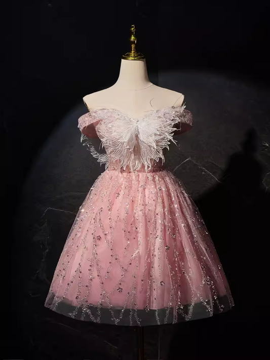 Modest Ball Gown Off The Shoulder Pink Tulle Birthday Outfits Homecoming Dress C943