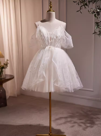 Modest Ball Gown Off The Shoulder White Tulle Birthday Outfits Homecoming Dress C944