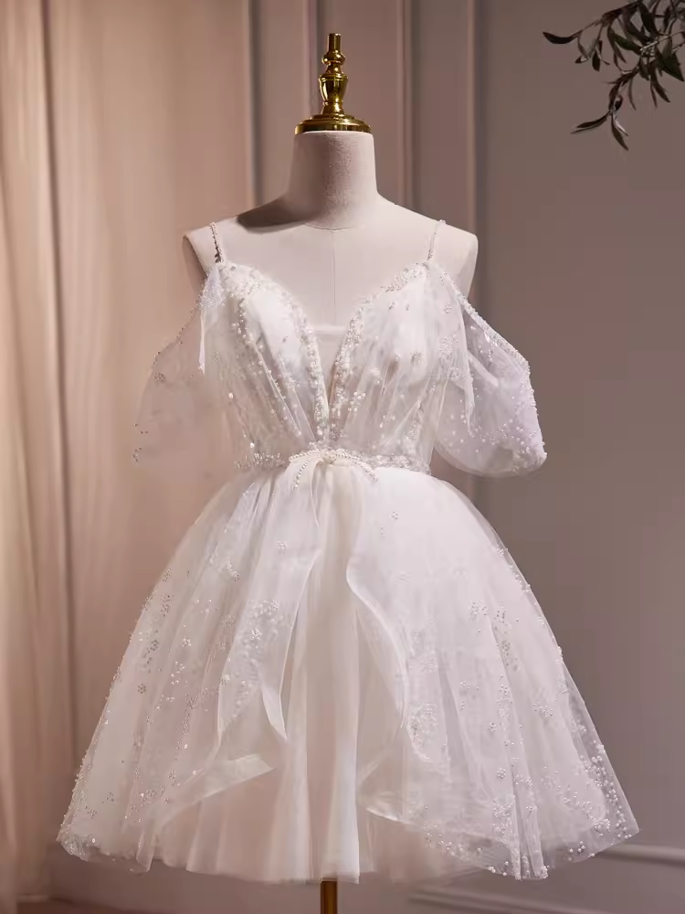 Modest Ball Gown Off The Shoulder White Tulle Birthday Outfits Homecoming Dress C944