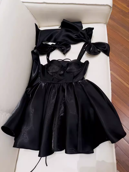 Sexy A line Straps Black Satin Birthday Outfit Homecoming Dresses C957