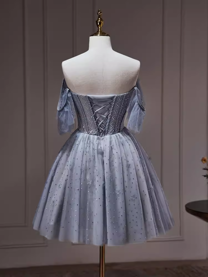 Sexy A line Off The Shoulder Tulle Gray Blue Homecoming Dresses C961