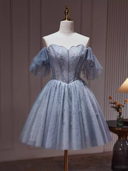 Sexy A line Off The Shoulder Tulle Gray Blue Homecoming Dresses C961