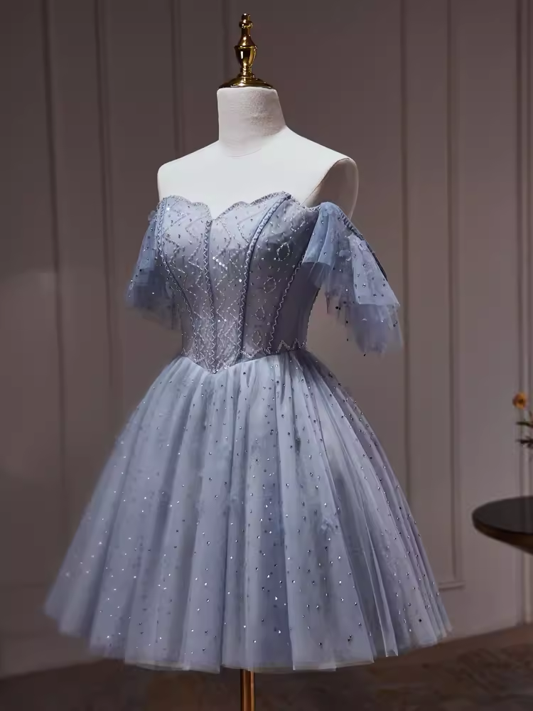 Sexy A line Off The Shoulder Tulle Gray Blue Homecoming Dresses C961