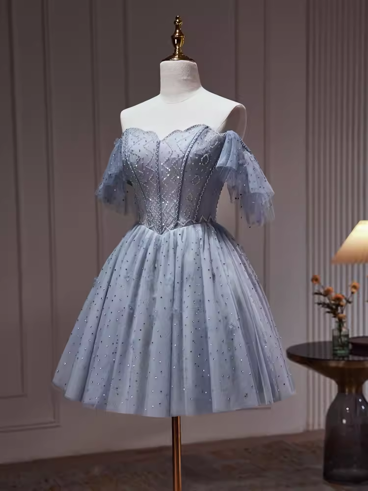 Sexy A line Off The Shoulder Tulle Gray Blue Homecoming Dresses C961