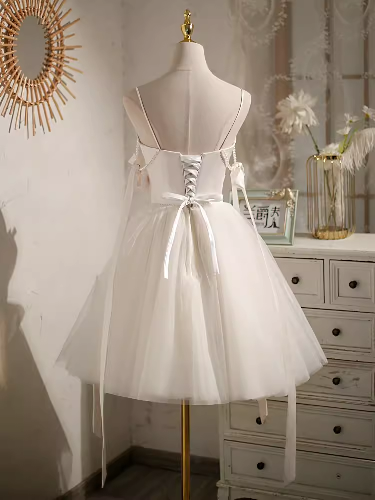 Sexy A line Spaghetti Straps Tulle White Short Homecoming Dresses C965