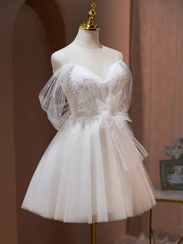 Sexy A line Off The Shoulder Tulle White Short Homecoming Dresses C967