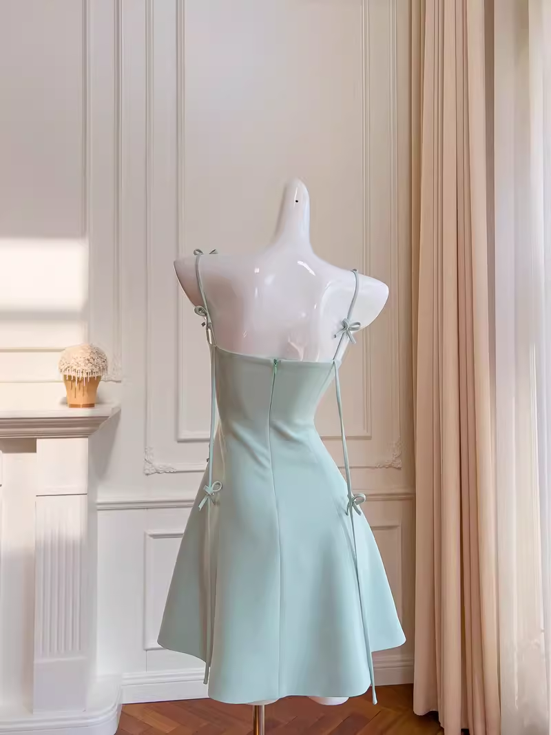 Simple A Line Straps Mint Green Satin Homecoming Dress 21st Birthday Outfit With Bow C978