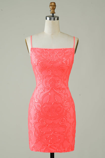 Spaghetti Straps Peach Glitter Tight Homecoming Dress