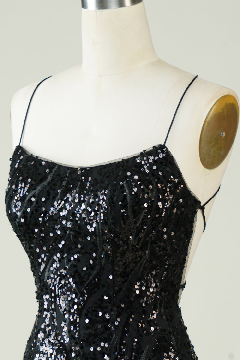 Black Sequins Spaghetti Straps Tight Homecoming Dress