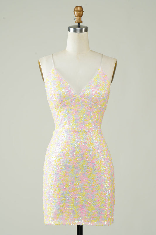 White Spaghetti Straps Tight Homecoming Dress with Rainbow Sequins