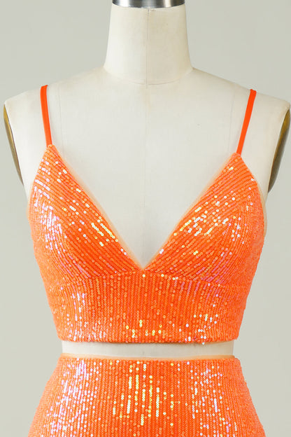 Two Piece Orange Sequins Tight Homecoming Dress